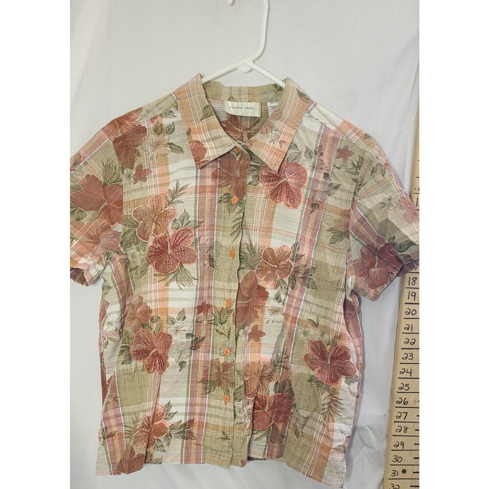 Lemon Grass Women’s Size 20 Floral Plaid Shirt Cotton Button Up Short Sleeve VTG